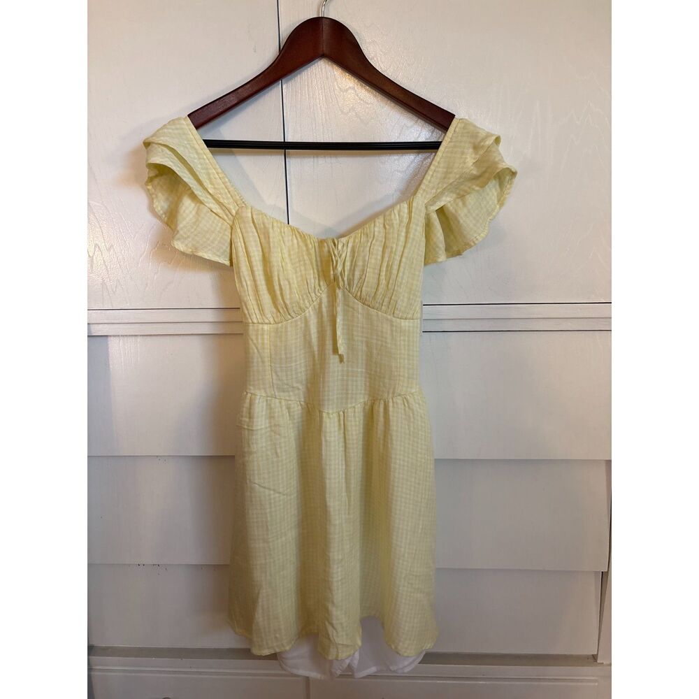 Hollister Buttercup Yellow Gingham Flutter Sleeve V-Waist Mini Dress